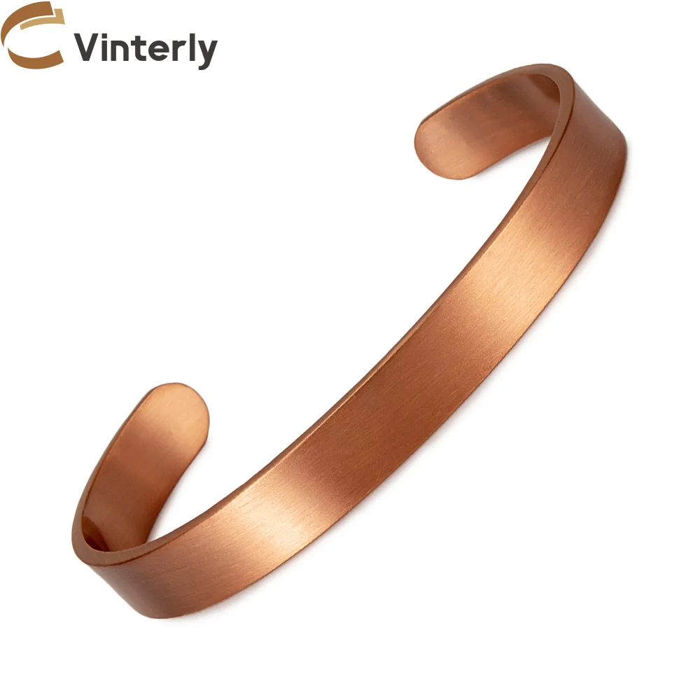 Vinterly Pure Copper Bracelets for Women Men Unisex 9.5mm Wide Adjustable Open Cuff Bangles Female Resizable Jewelry Metal Soft