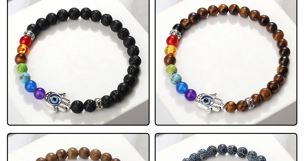 S5fea6619e7d849afa19d796da279281bN 6mm 7 Chakra Beads Bracelets Lucky Evil Eye Hand Of Fatima Women Men Natural Lava Stone Agates Bracelet & Bangle Prayer Jewelry