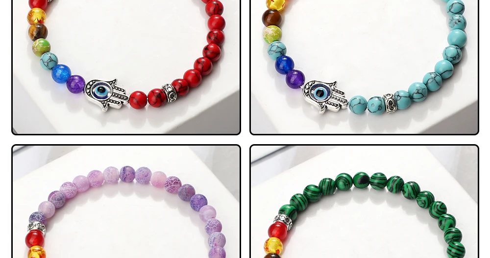 Sbdf9d3dae2814446a0259bdb38f99cf5E 6mm 7 Chakra Beads Bracelets Lucky Evil Eye Hand Of Fatima Women Men Natural Lava Stone Agates Bracelet & Bangle Prayer Jewelry